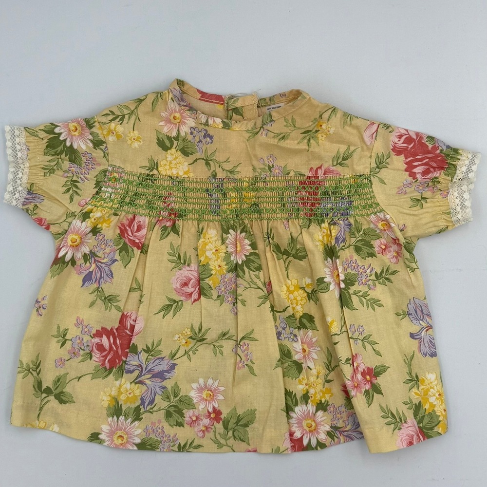 VTG Smocked Floral Print Top 18 Months Yellow Lace Trim‎ DRY ROTTED ELASTIC